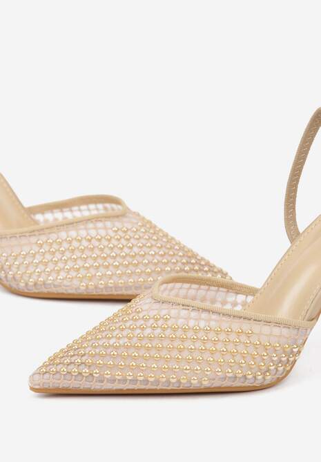 Ciemnobeżowe Sandały na Szpilce z Siateczkowym Noskiem z Aplikacją z Perełek Aurifera