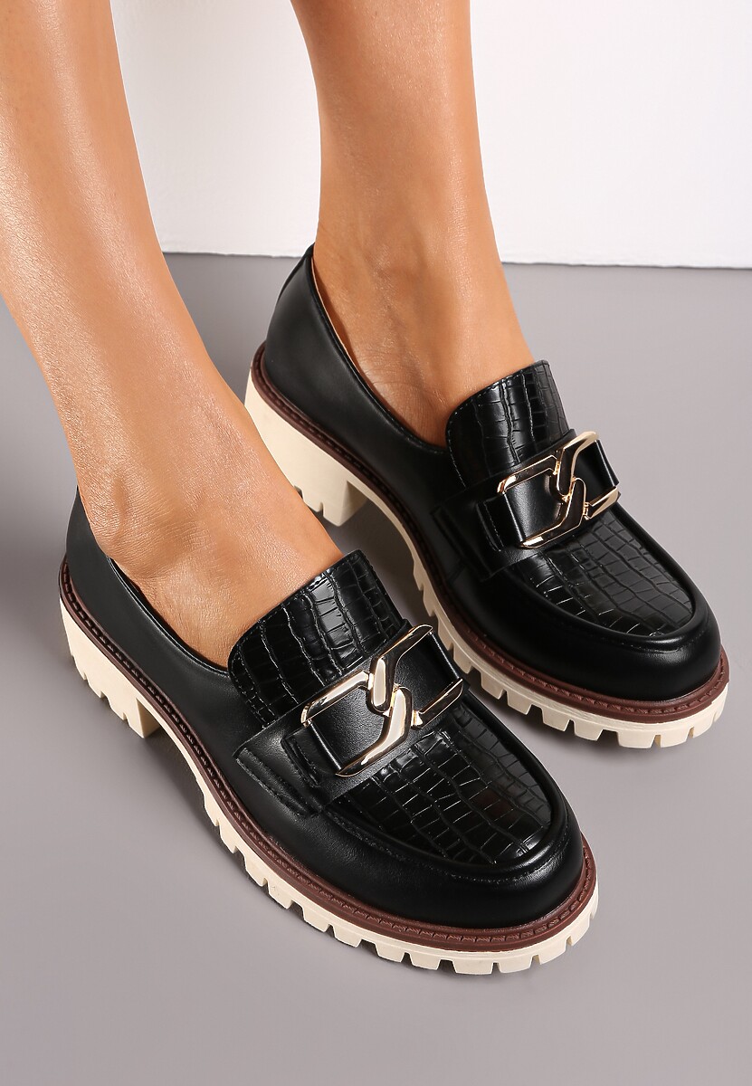 Czarne Mokasyny z Ozdobną Klamerką i Skórzaną Wkładką na Grubej Podeszwie Marinie