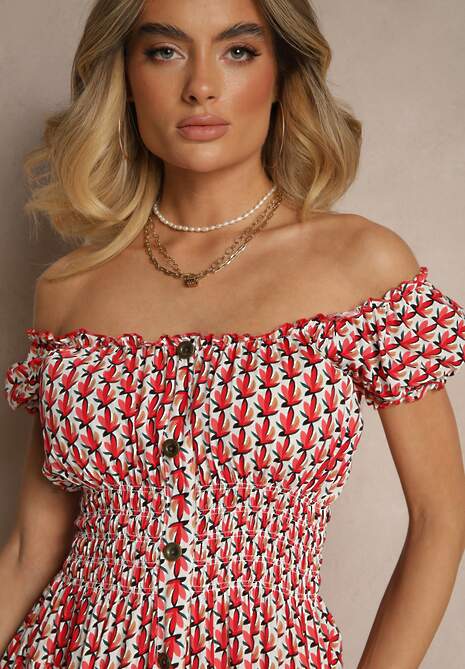 Czerwona Bawełniana Sukienka z Bufiastymi Rękawami i Guzikami Ronimera