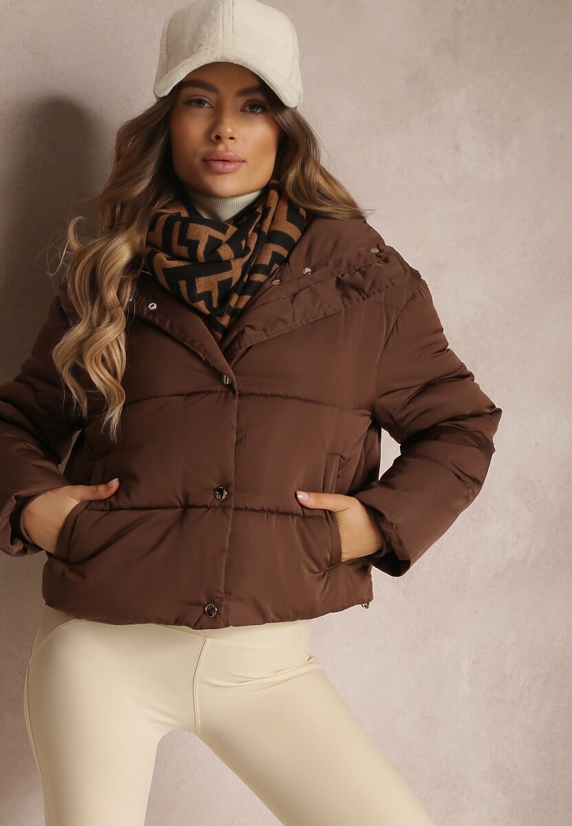 Ciemnobrązowa Kurtka Puffer Pikowana ze Stójką Maymie