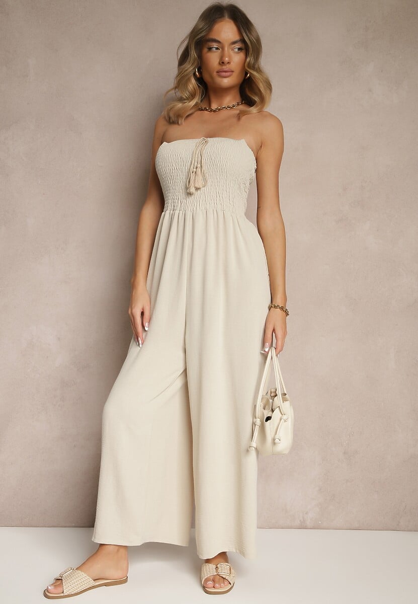 Beżowy Kombinezon Bandeau z Szeroką Nogawką Zdobiony Frędzlami Dovaira