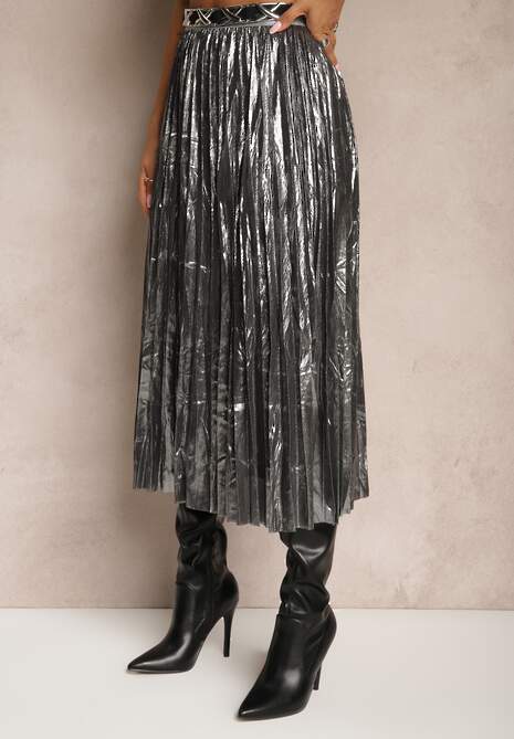 Srebrna Plisowana Spódnica z Gumką w Pasie Zdobiona Metalicznymi Przeszyciami Zanirra