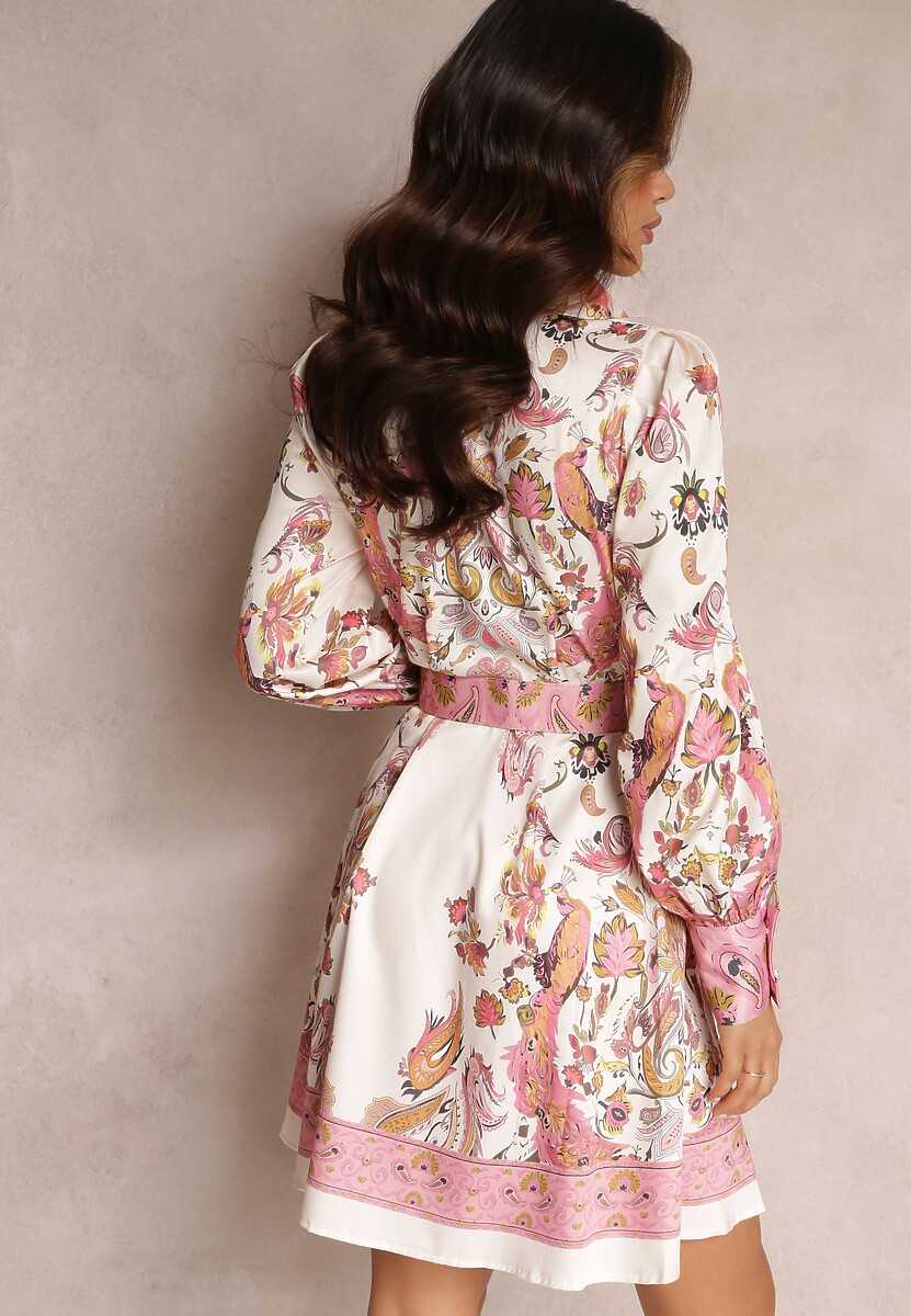 Jasnobeżowa Koszulowa Sukienka Satynowa z Paskiem Natilo