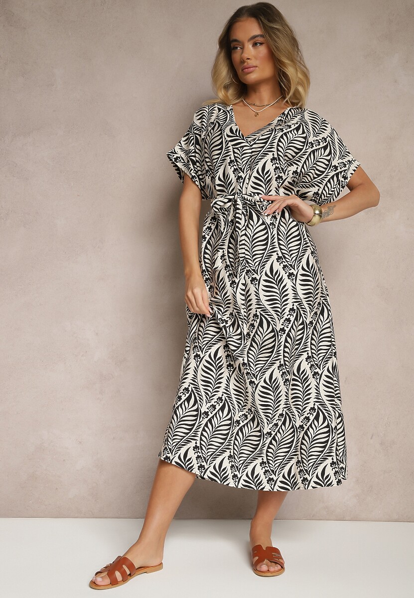 Czerwona Sukienka z Wiskozy Ozdobiona Paskiem i Motywem Liści Belozi