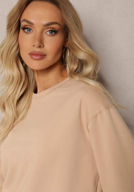 Beżowa Oversize Bluza z Bawełny o Krótkim Fasonie Sibolla