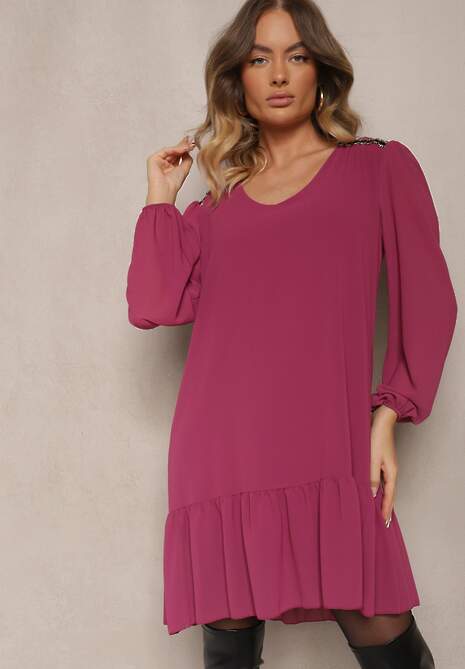 Fioletowa Sukienka z Wiskozą z Bufiastymi Rękawami i Falbanką u Dołu z Siateczki Ilita