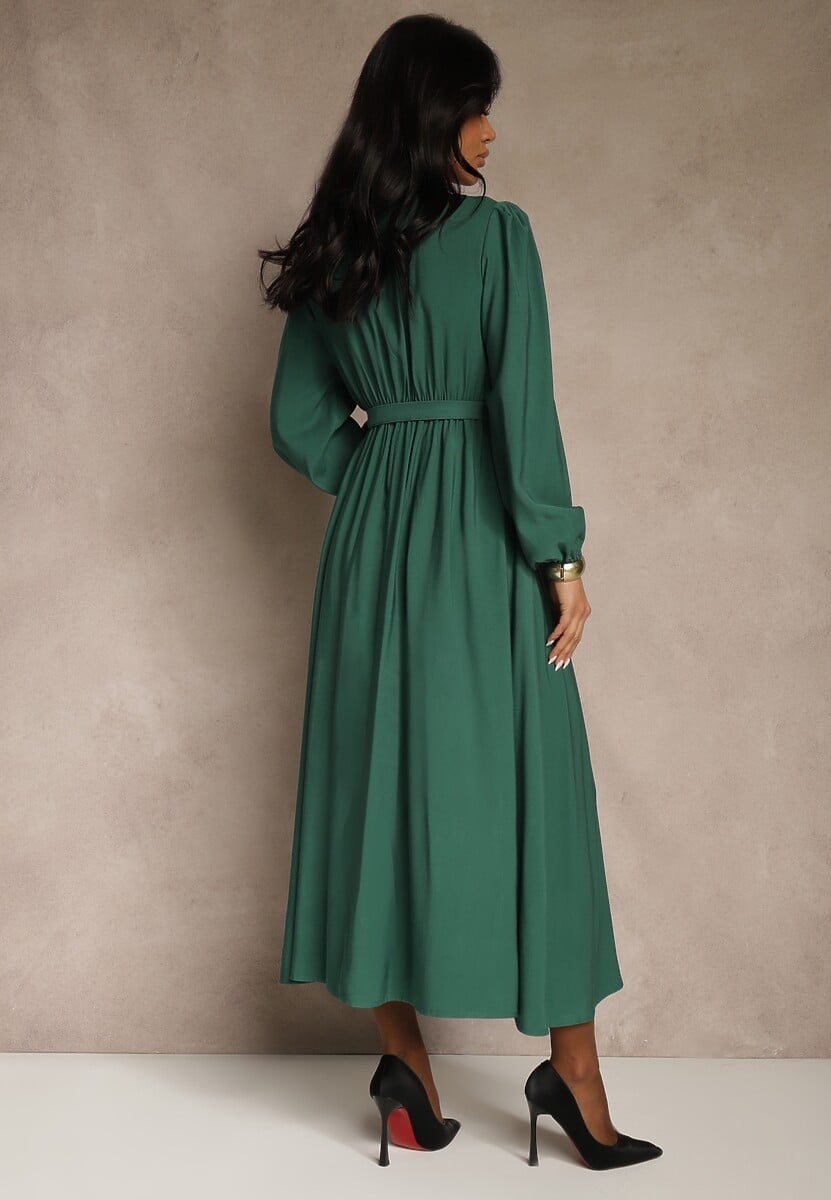 Zielona Rozkloszowana Sukienka z Wiskozy z Paskiem ze Sprzączką Orille