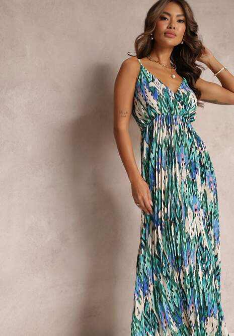 Zielona Plisowana Sukienka Maxi z Gumką w Talii i Kopertowym Dekoltem Iralle