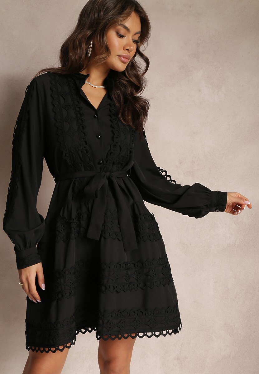 Ciemnobeżowa Sukienka Koszulowa z Wiązanym Paskiem i Ażurowymi Taśmami Deme