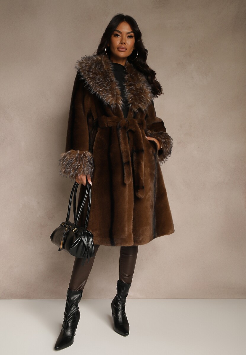 Brązowy Płaszcz Futerko z Paskiem z Ozdobnym Kołnierzem i Mankietami Tiobella
