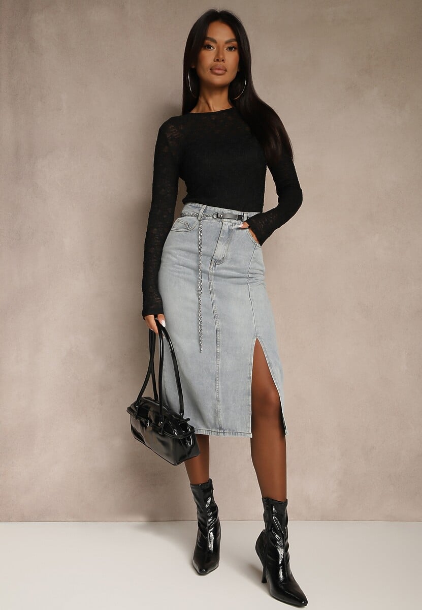 Jasnoniebieska Jeansowa Spódnica z Bawełny z Łańcuchem Lilurea