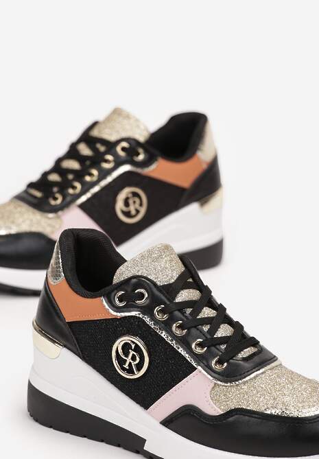 Czarne Sneakersy Ozdobione Brokatem i Metalicznymi Wstawkami Preslana
