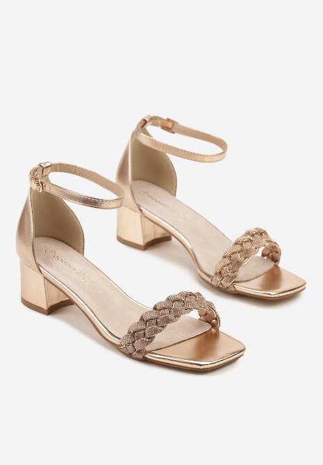 Szampańskie Sandały na Słupku z Wkładką ze Skóry Naturalnej Ozdobione Cyrkoniami Vevelessa