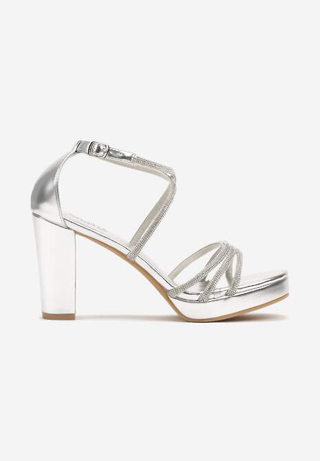 Srebrne Cyrkoniowe Sandały na Słupku z Ozdobnymi Paskami Beridara