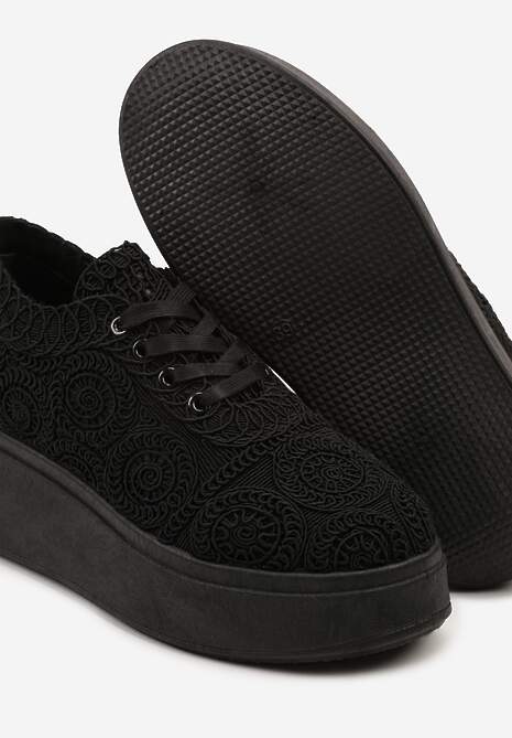 Czarne Szydełkowe Sneakersy Typu Tenisówki na Platformie Filalena