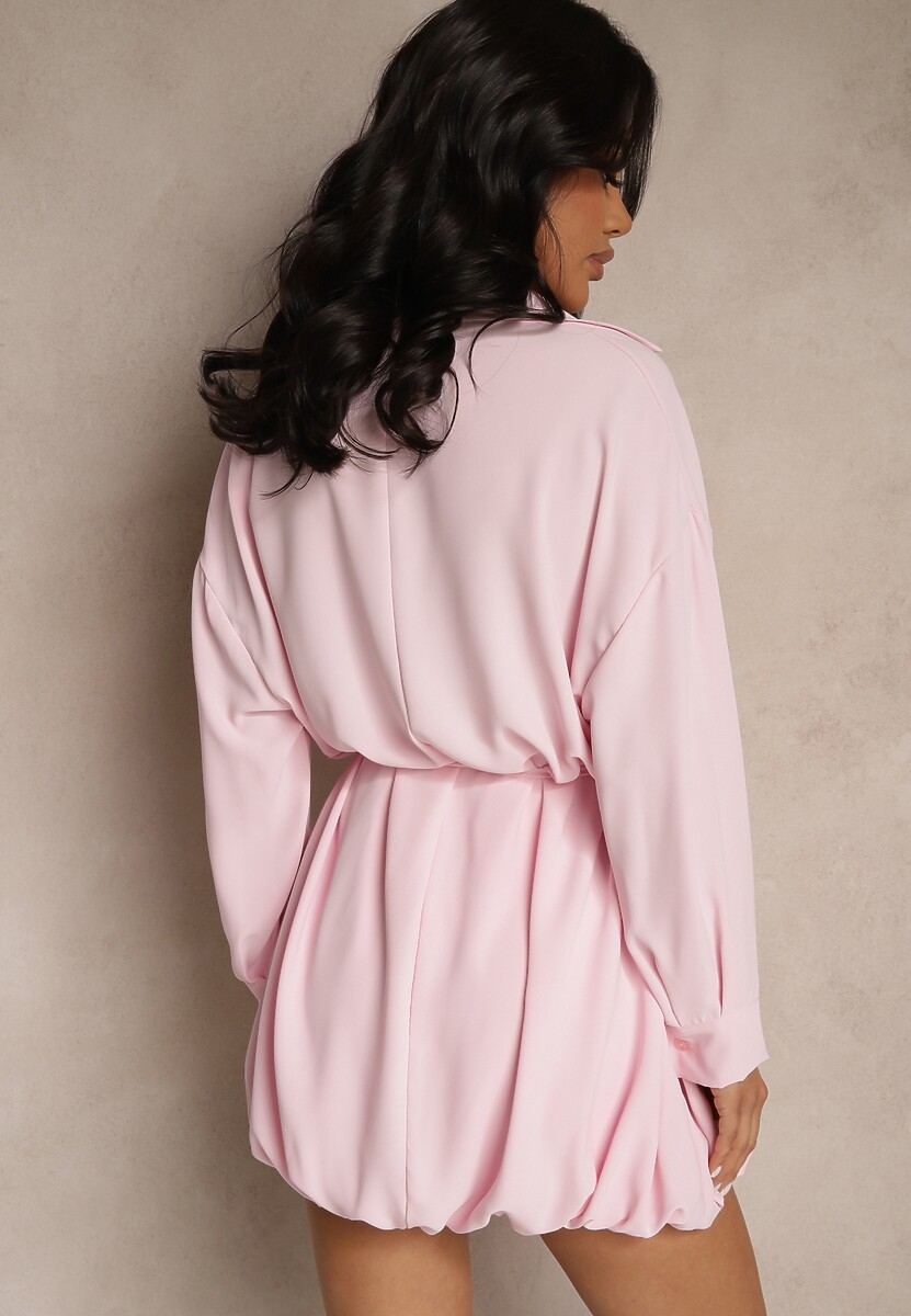Różowa Sukienka Koszulowa o Fasonie Balloon z Wiązaniem w Talii Vorema