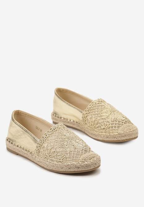 Złote Płaskie Espadryle z Ażurową Wstawką na Nosku i Plecioną Podeszwą Rowenas
