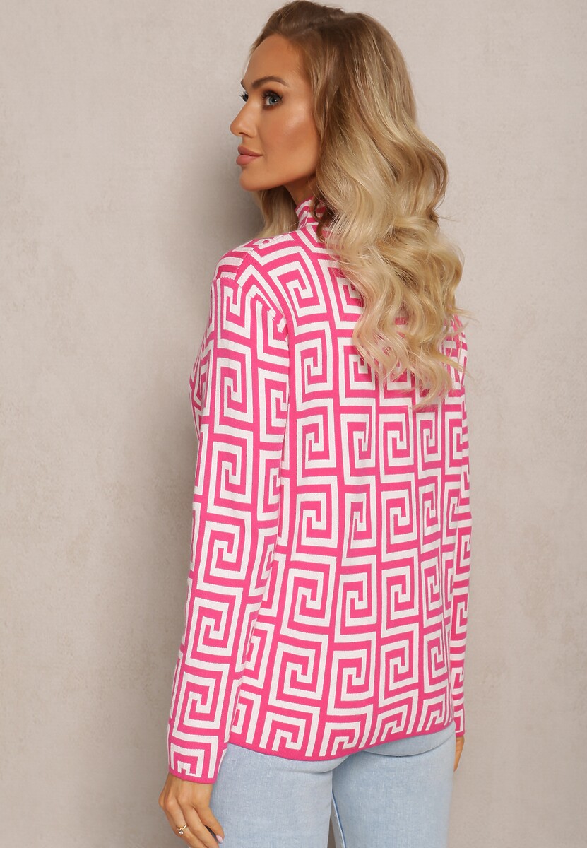 Fuksjowy Sweterkowy Półgolf z Dzianiny o Geometrycznym Motywie i Dodatkowymi Zamkami Vulla