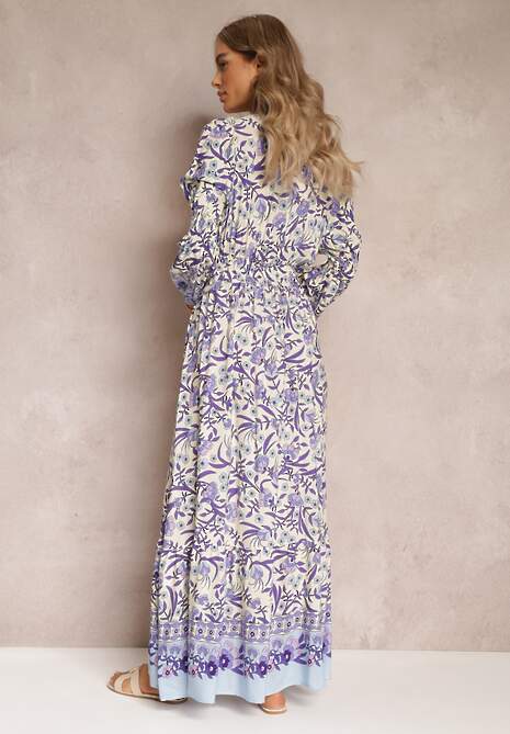 Fioletowo-Beżowa Sukienka Maxi w Kwiaty z Wiskozy Vellu