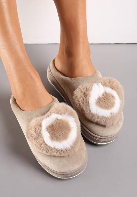 Ciemnobeżowe Kapcie na Grubej Podeszwie z Futrzaną Aplikacją Phoenix