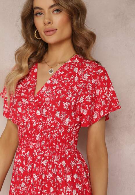 Czerwona Wiskozowa Sukienka Mini w Kwiaty z Gumką w Talii i Kopertową Górą Joslena