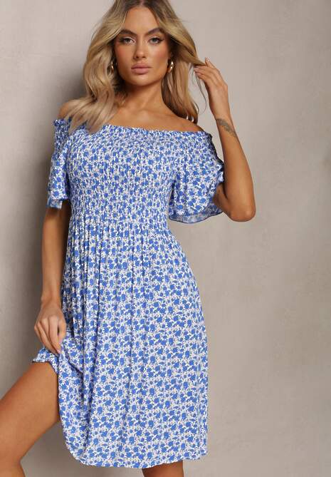 Niebieska Krótka Sukienka Letnia o Fasonie Hiszpanki z Wiskozy Liranna