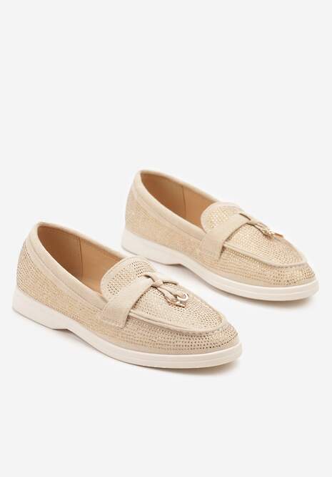 Beżowe Mokasyny z Cholewką z Cyrkoniami Zdobione Aplikacją Tenurea