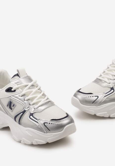 Biało-Srebrne Sznurowane Sneakersy z Ekoskóry na Grubej Podeszwie z Siateczkową Wstawką Aldaria
