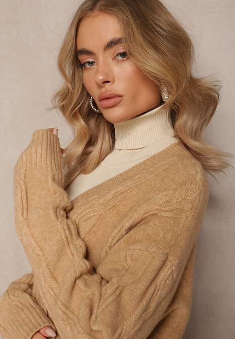 Beżowy Kardigan o Wydłużonym Fasonie Niezapinany ze Splotem w Warkocz Ottimia