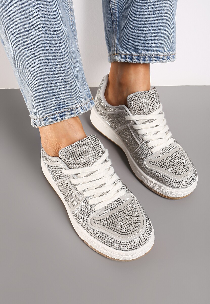 Szare Sneakersy na Płaskiej Podeszwie Wykończone Cyrkoniami Vlisina