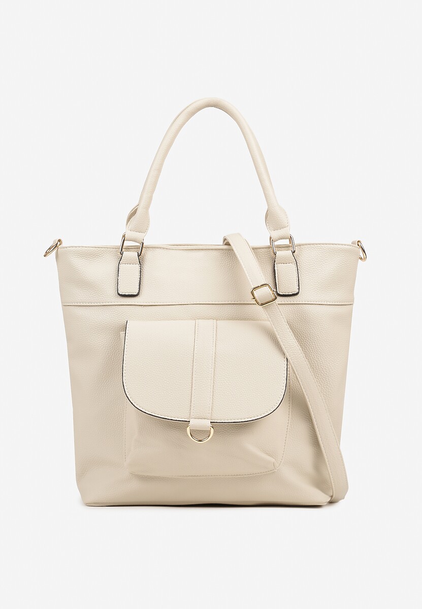 Ciemnobeżowa Torebka Typu Shopper z Ozdobną Kieszenią i Paskiem Crossbody Frocelle