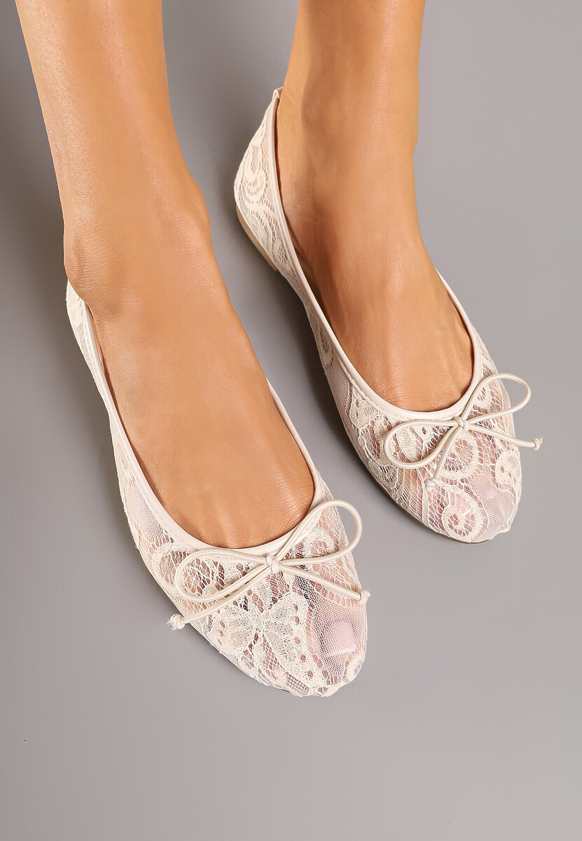 Beżowe Koronkowe Balerinki Zdobione Delikatną Kokardką Senariana