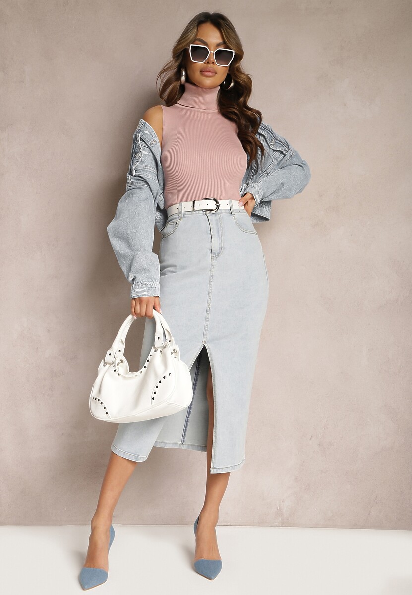 Jasnoróżowa Bluzka z Elastycznego Materiału bez Rękawów z Golfem Merdia