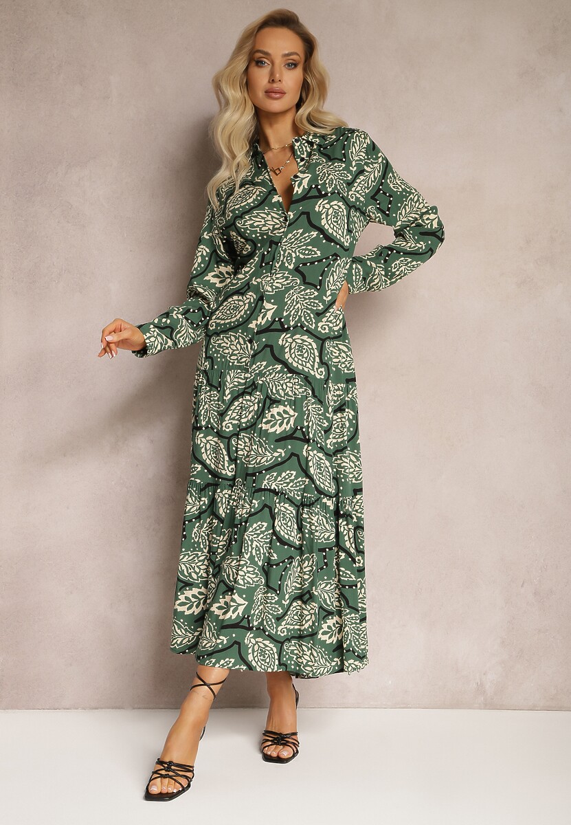 Ciemnozielona Sukienka Koszulowa w Kwiaty Kolni