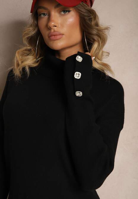 Czarna Sukienka Półgolf z Wełną Bawełną i Guzikami na Rękawach Ilanil