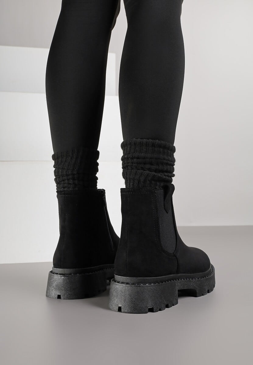 Czarne Botki Sztyblety z Ekozamszu na Grubej Podeszwie Liraelia
