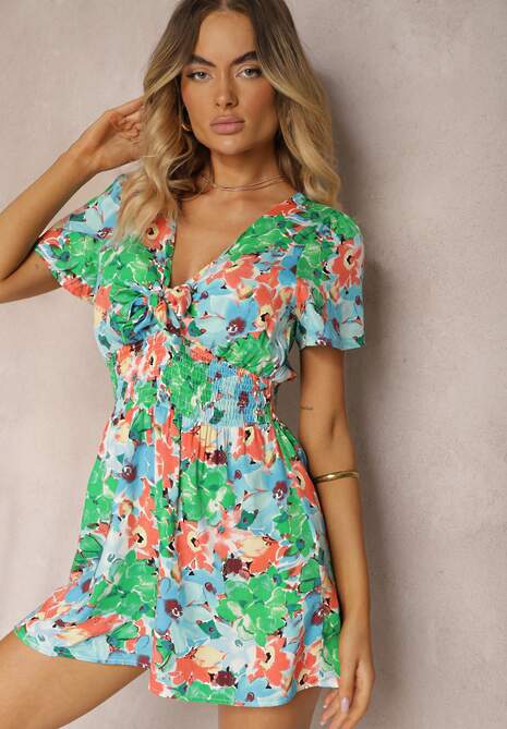 Zielony Kombinezon z Krótkimi Nogawkami i Ozdobnym Dekoltem z Wiskozy Coralia