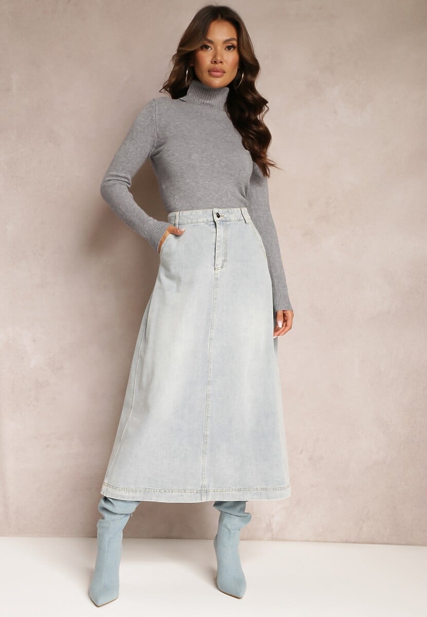 Jasnoniebieska Jeansowa Spódnica Maxi o Rozkloszowanym Kroju z Paskiem Teviva
