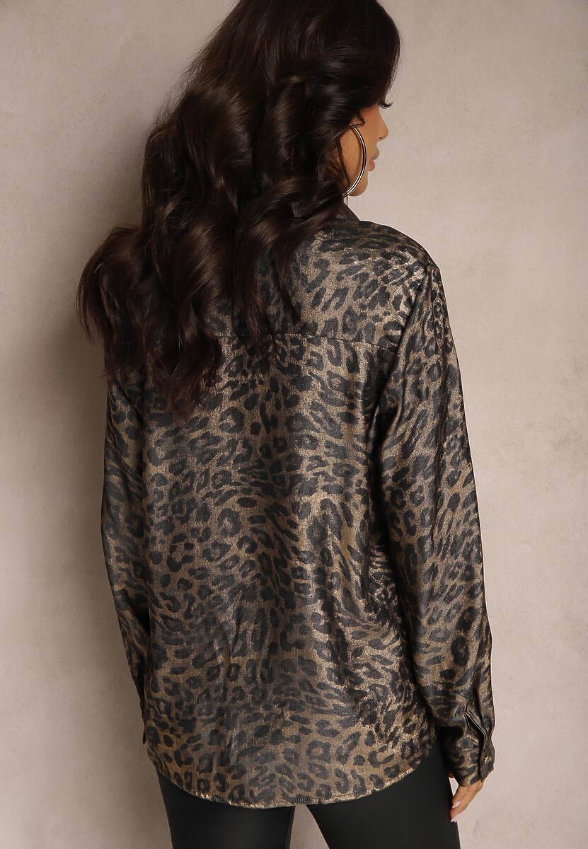 Złoto-Czarna Panterkowa Koszula z Bawełną z Kieszenią Ozdobioną Klapą Avatolla