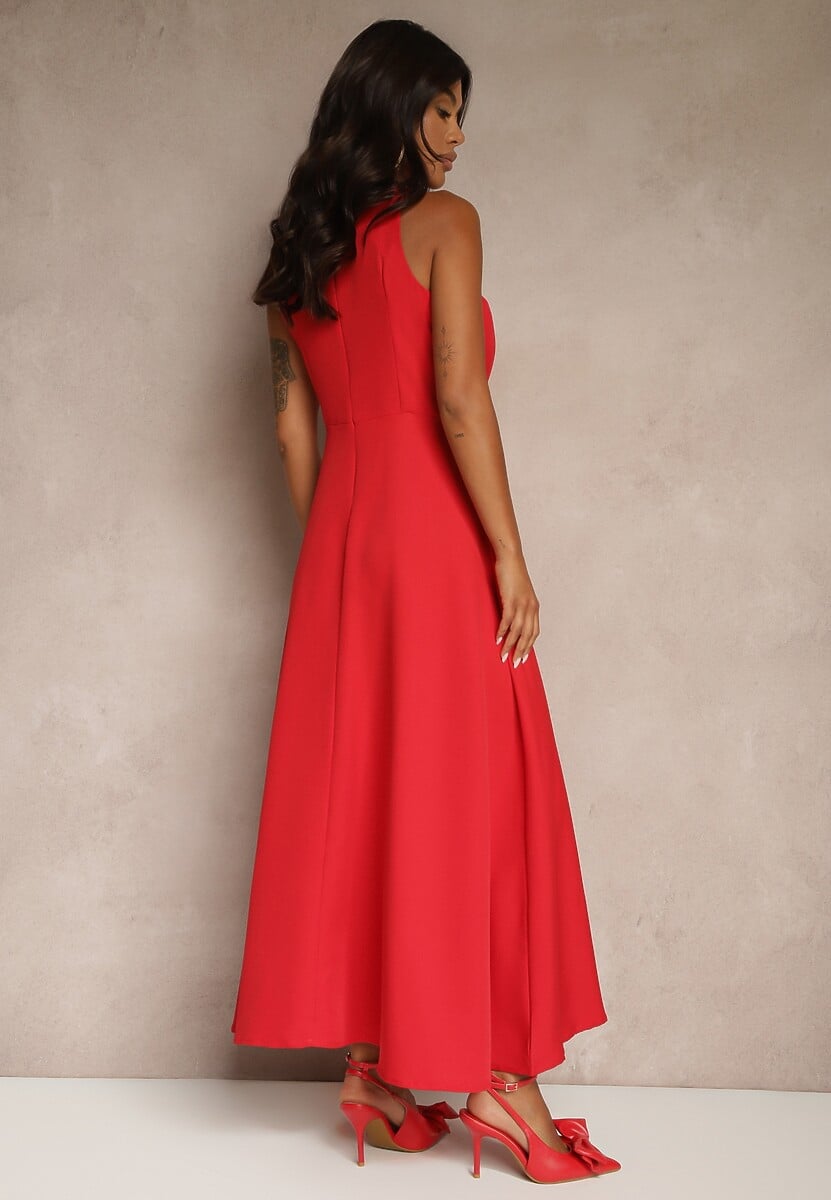 Czerwona Koktajlowa Sukienka z Wiskozą i Dekoltem Halter Dolmanna
