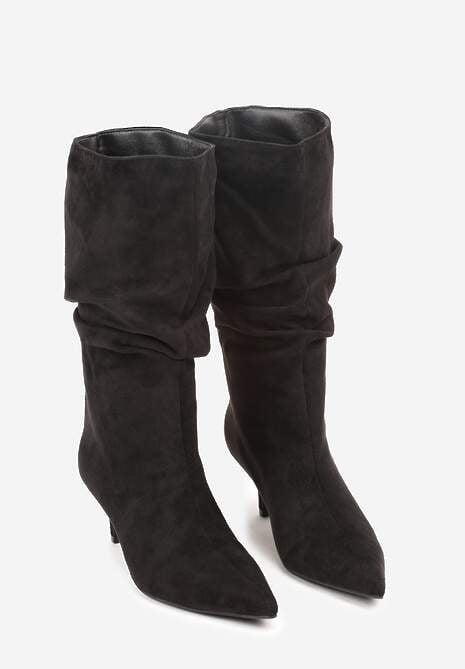 Czarne Botki na Kaczuszce z Marszczoną Cholewką Nalorena