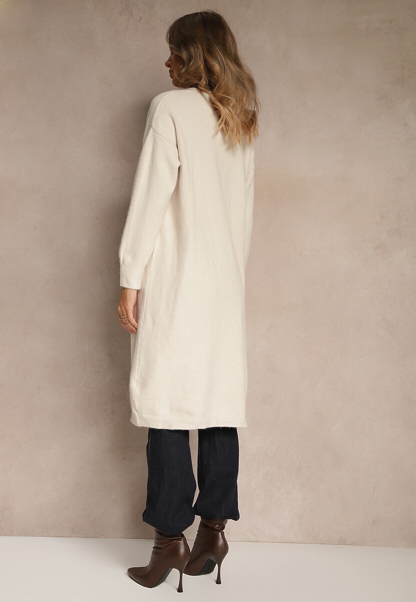 Biały Niezapinany Casualowy Kardigan z Wełną o Długim Kroju Zozita