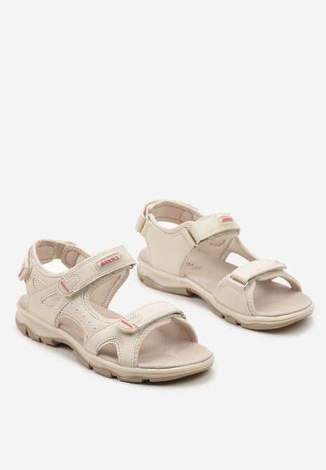 Beżowe Płaskie Sandały ze Skórzaną Wkładką i Zapięciami na Rzepy Tesama