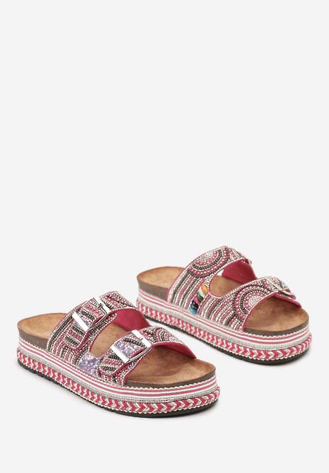 Fuksjowe Klapki na Grubej Podeszwie Ozdobione Boho Wzorem z Cyrkoniami i Klamrami Meepka