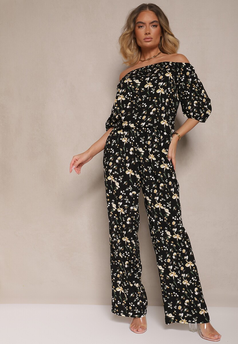 Czarne Spodnie High Waist w Kwiatowy Wzór Zolsedi