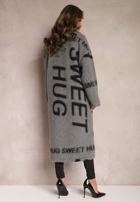Szary Luźny Płaszcz Wełniany w Ozdobny Nadruk Misganna