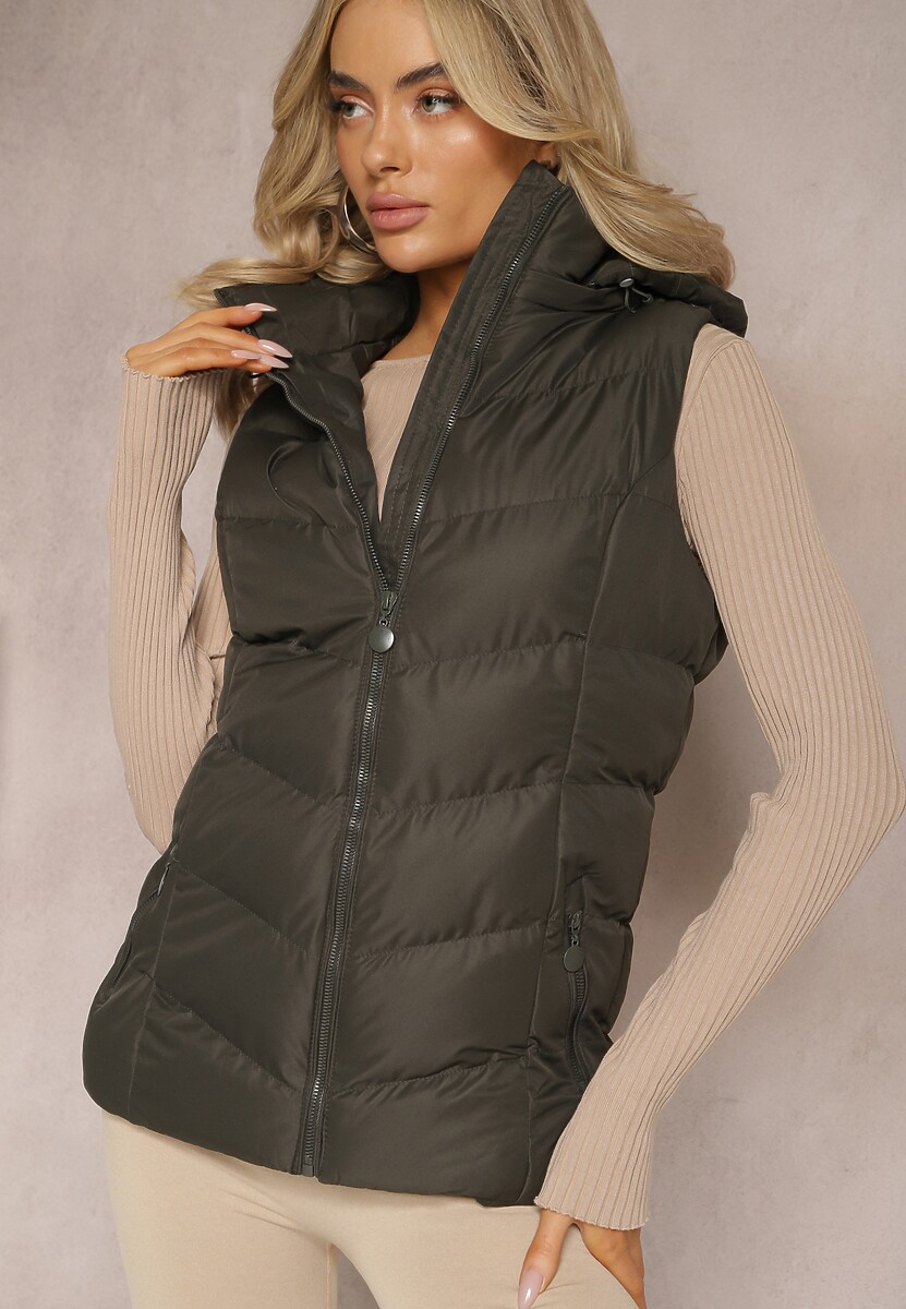 Ciemnozielona Pikowana Kamizelka z Kapturem na Suwak Ritase