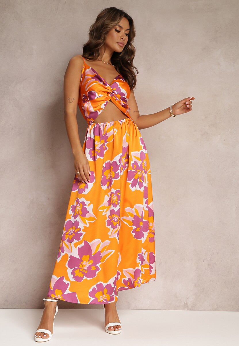 Biało-Zielona Sukienka Maxi z Wycięciem na Brzuchu i Gumką w Pasie Rlice