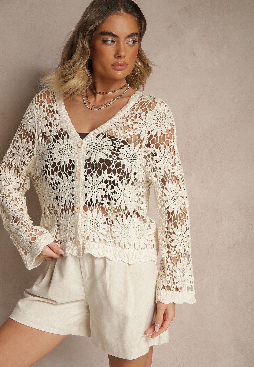 Biały Ażurowy Kardigan z Bawełny na Guziki Evipolla