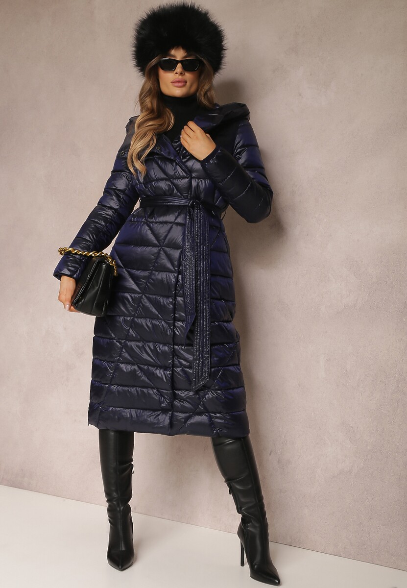 Granatowa Kurtka za Kolano z Wiązanym Paskiem i Kapturem Feome